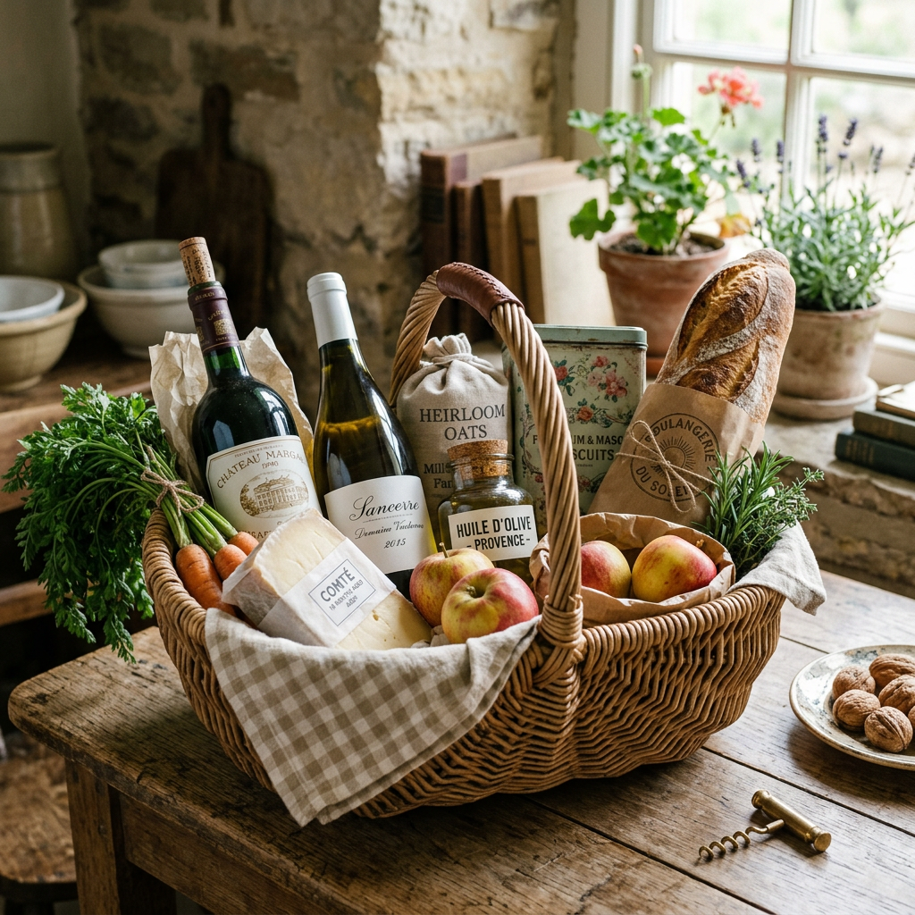 Wicker basket with carrots, apples, wine bottles, cheese, bread, herbs, and packaged groceries on wooden table